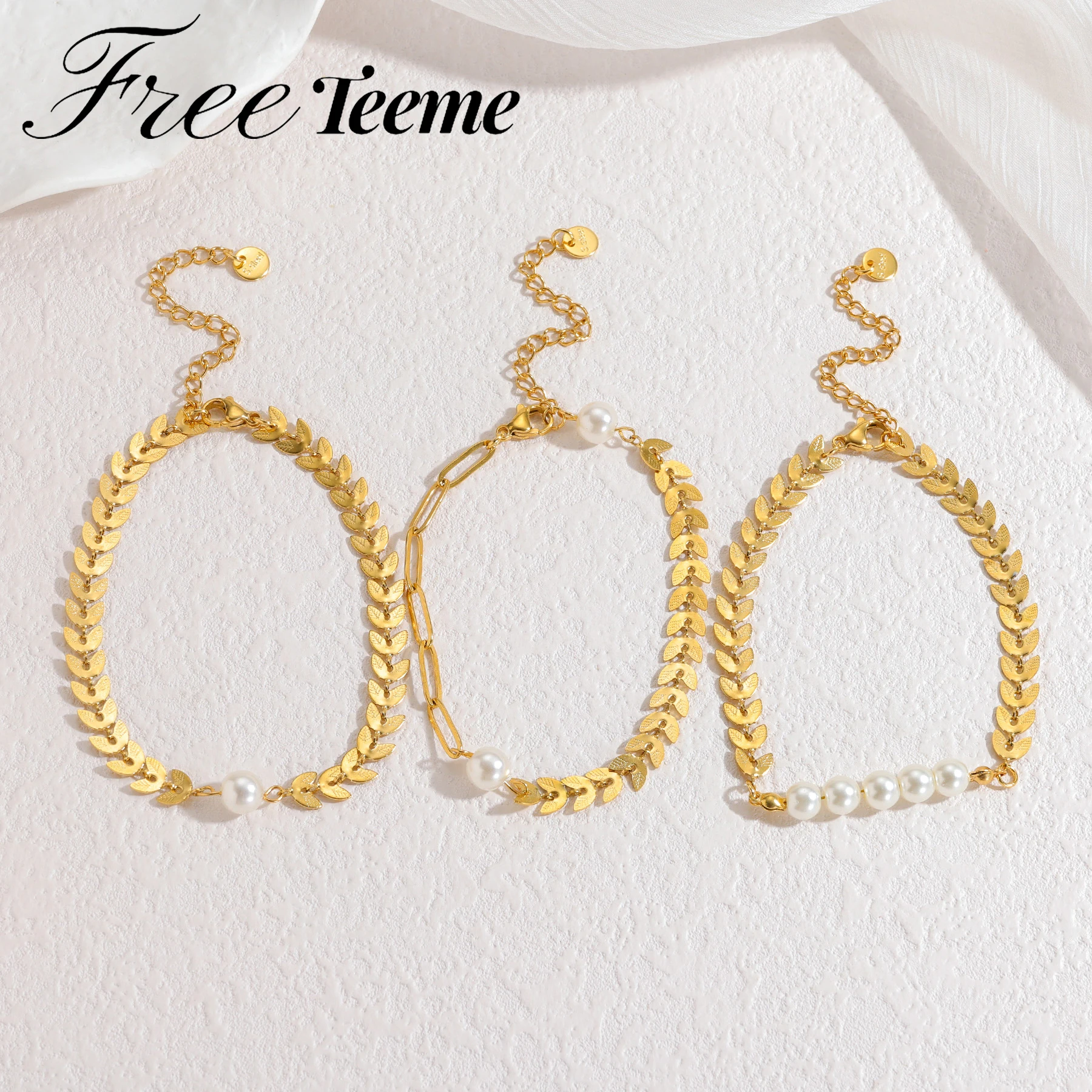 

Freeteeme Fashion Various Wheat Ear Imitation Pearl Bracelet for Women Girls Stainless Steel Gold Color Hand Chain Jewelry Gift