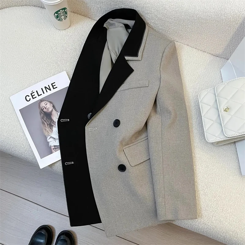 New Women's Blazer Coat Spring Autumn Retro Style Splicing Ladies Suit Loose Korean Version Versatile Female Blazer Outerwear