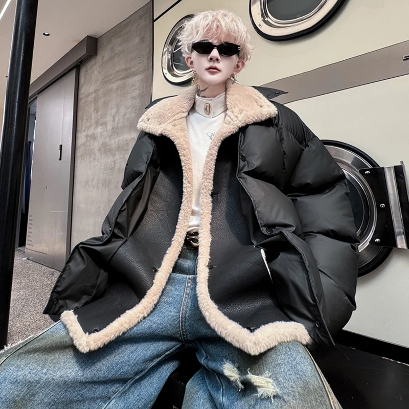 LUZHEN Fake Two Piece Lamb Wool Padded Jackets Patchwork Loose Men's High Quality Winter Shearling Personalized Coats JY4712