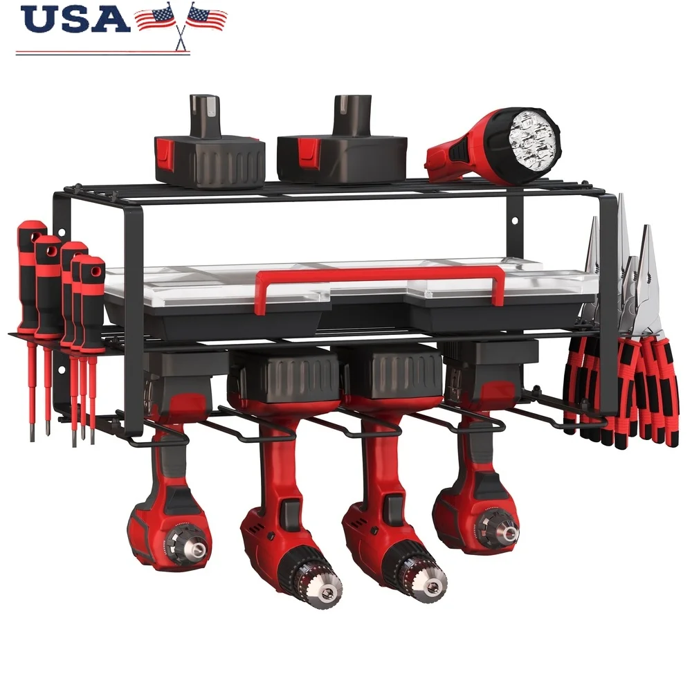 

3-Tier Heavy Duty Power Tool Organizer Wall Mount Garage Shelving with Side Tool Holders and Storage Hooks Hand Tools