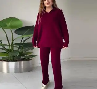 

Women's 2-Piece Set Autumn New Fashionable Casual Style Solid Color Simple Collar Loose Long Sleeve Top Straight Pants Set