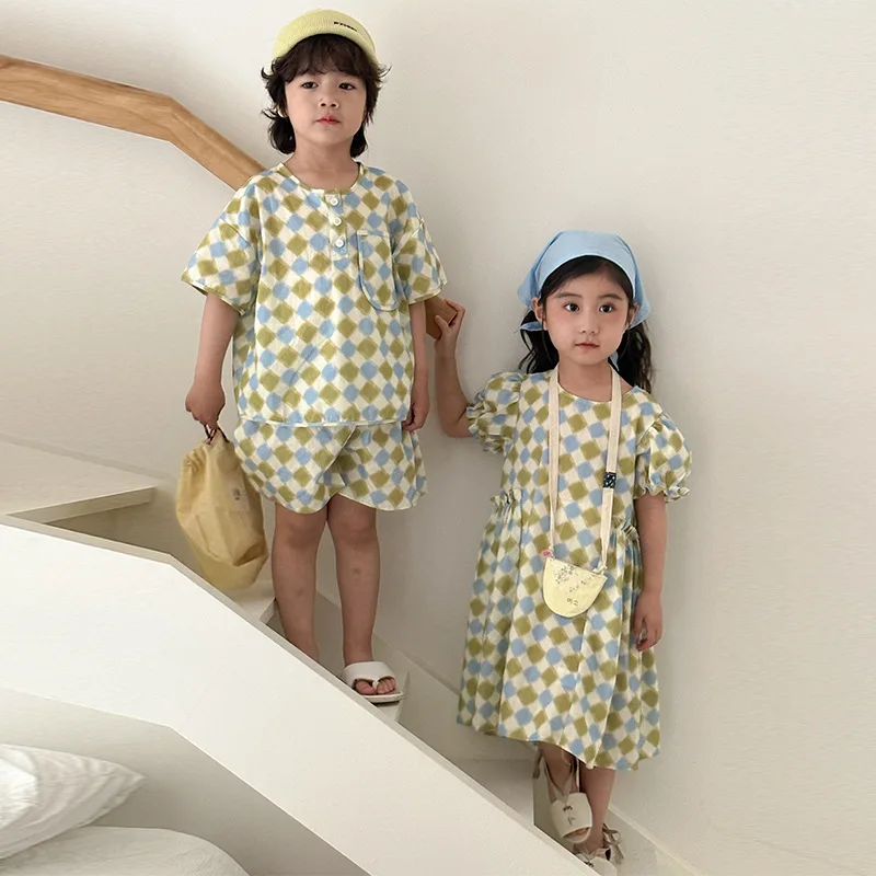 Children's Summer Clothes Siblings' Outfit 1-8Y Boys' Checkered Tee+Shorts Casual 2Pcs Trendy Girls' Dress Kid's T-shirt Suit