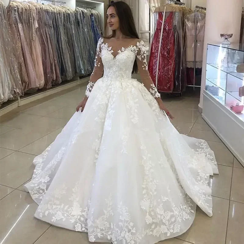 

Customized African Princess Ball Gown Wedding Dresses Sweep Train Robe De Mariée Lace Appliques Long Sleeves Bridal Gown