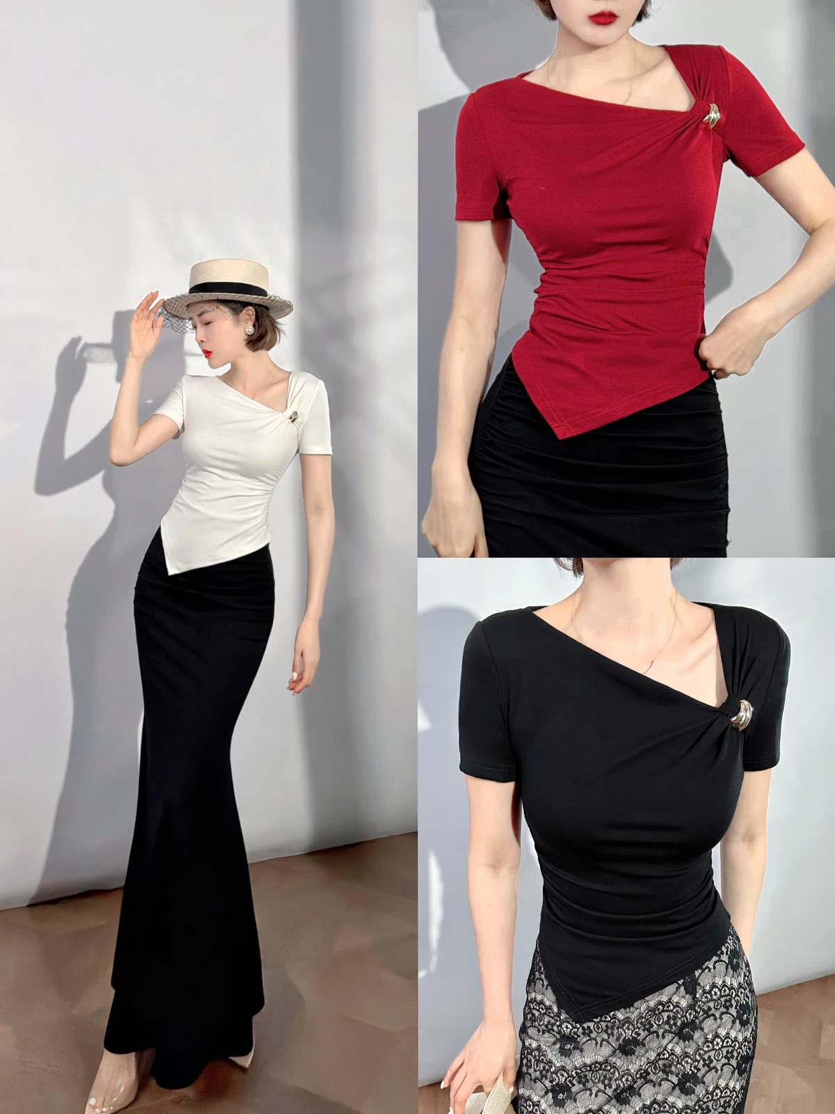 

XULU Original Summer Lightweight Breathable Knitted Casual Fashion Asymmetrical Shoulder Short Sleeve T-Shirt Waist-Cinching ...