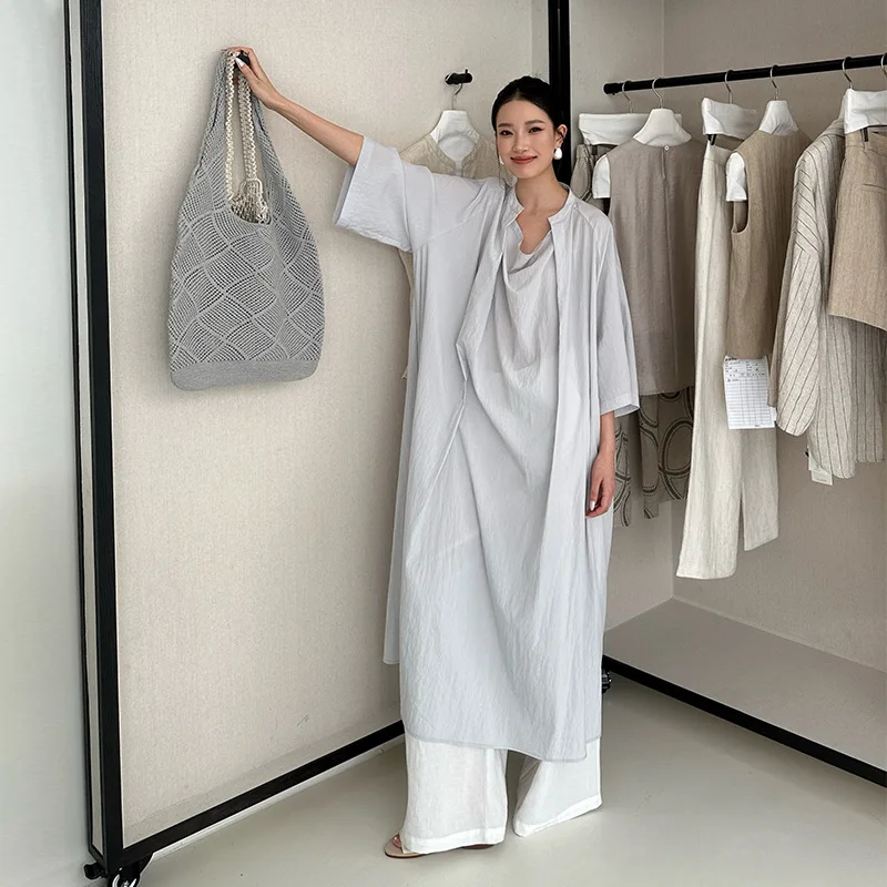 

SuperAen White Asymmetrical Long Dress for Women Summer New Oversize Solid Color Korean Style Pullover A-line Dress