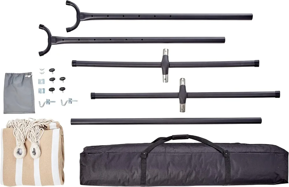 Doppel-Hängematte mit 9 Fuß platzsparendem Stahlständer und Tragetasche, 450 Pfund Tragkraft, beige Streifen mit Spitze, 110 x 47 x 43 Zoll