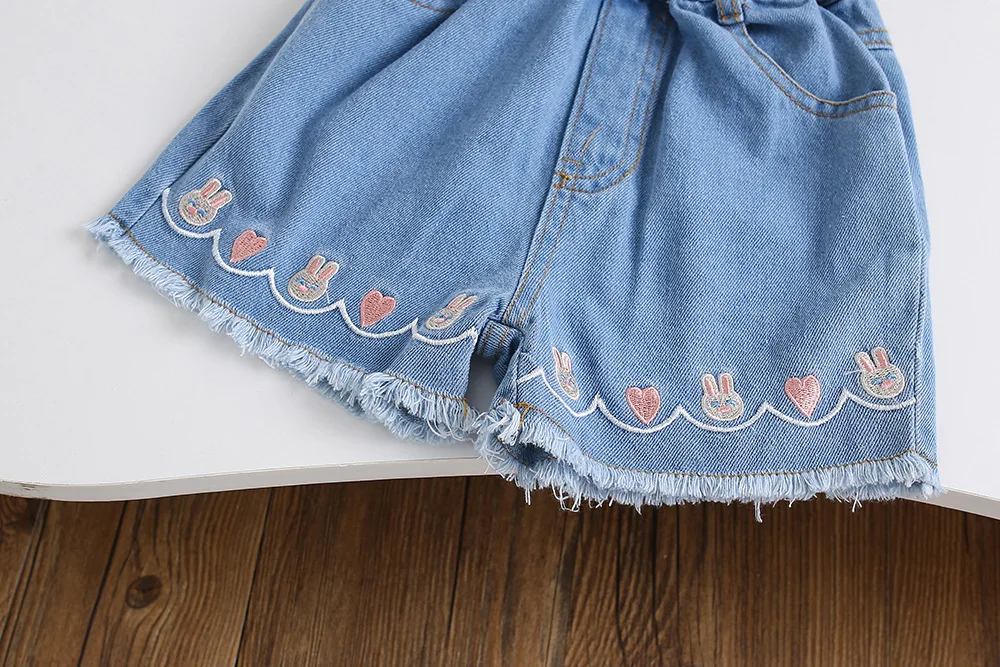 2024 summer Kids girls cartoon rabbit Bunny Cute T-shirt +  denim shorts 2pcs clothing sets Clothes suits  baby girls