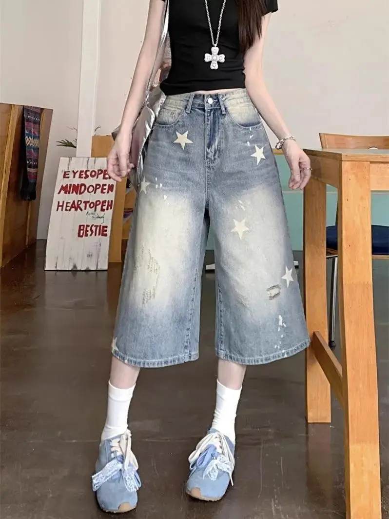 ريترو خمر فضفاض واسعة الساق الجينز أزياء المرأة ستار طباعة Y2K Harajuku الدنيم السراويل عارضة الشارع الشهير عالية الخصر غسلها السراويل