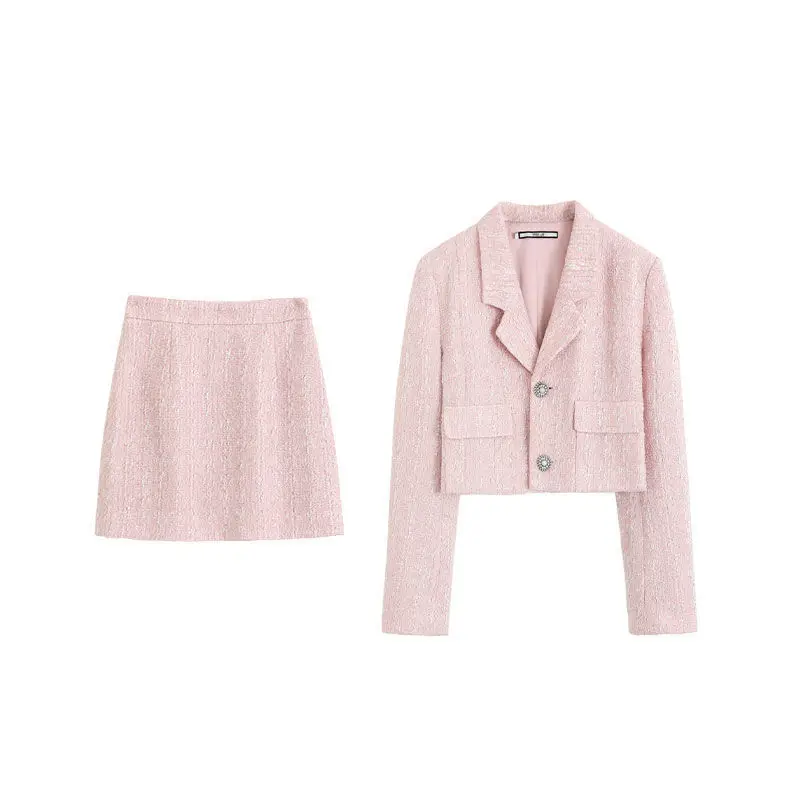 ฤดูใบไม้ร่วงใหม่ผลิตภัณฑ์น้ำหอมขนาดเล็กสไตล์สุภาพสตรีชิ้น Tweed แขนยาวสุภาพสตรีสั้น Coat-กระโปรงเอวสูงกระโปรง