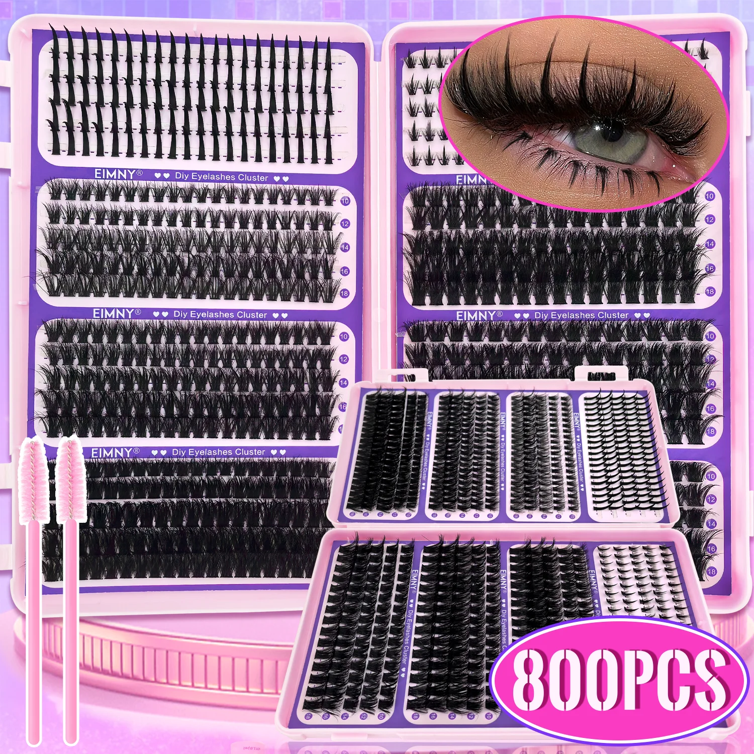 800 Stück EIMNY Wimpernverlängerungen 40D-120D+Spikes Flauschige D-Curl Volumen-Wimpern 10-18mm Längen für Anfänger zu Hause