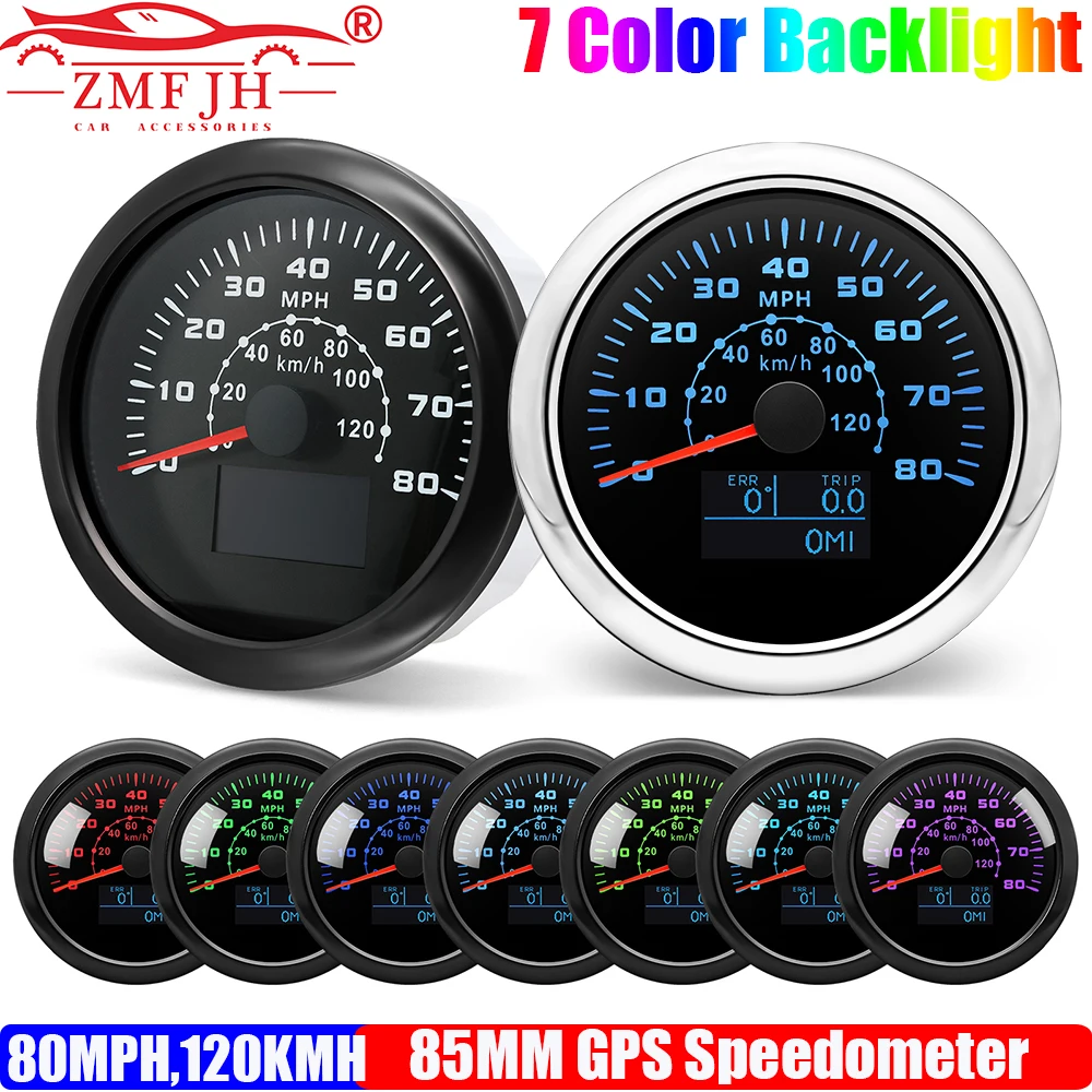 

ZMFJH Водонепроницаемый 85 мм GPS-спидометр с антенной COG TRIP ODO 7 цветов света 120 км/ч, 80 миль в час для морской лодки, автомобиля