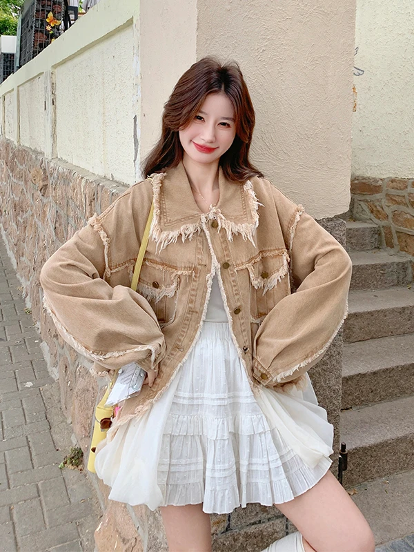 

Джинсовая куртка с рваным краем i Color, женская, повседневная, свободного кроя, стройнящая фигуру, для весны и осени, новый дизайн 2025