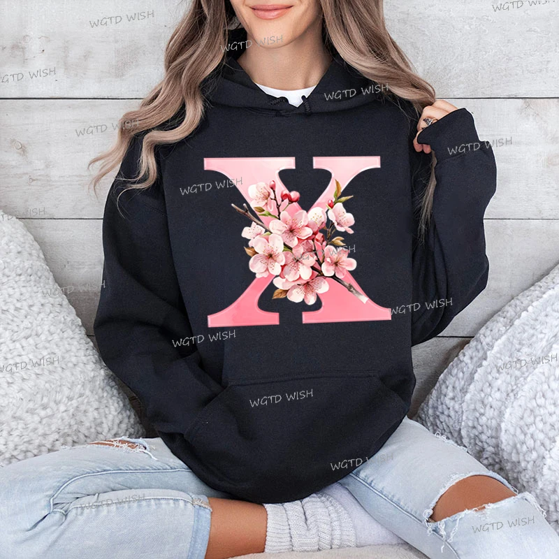 Women's Sakura Graphics Letter Hoodies Pink Floral 26 Alphabet Long Sleeve Sportswear Cherry Blossoms Female Autumn Sweatshirts