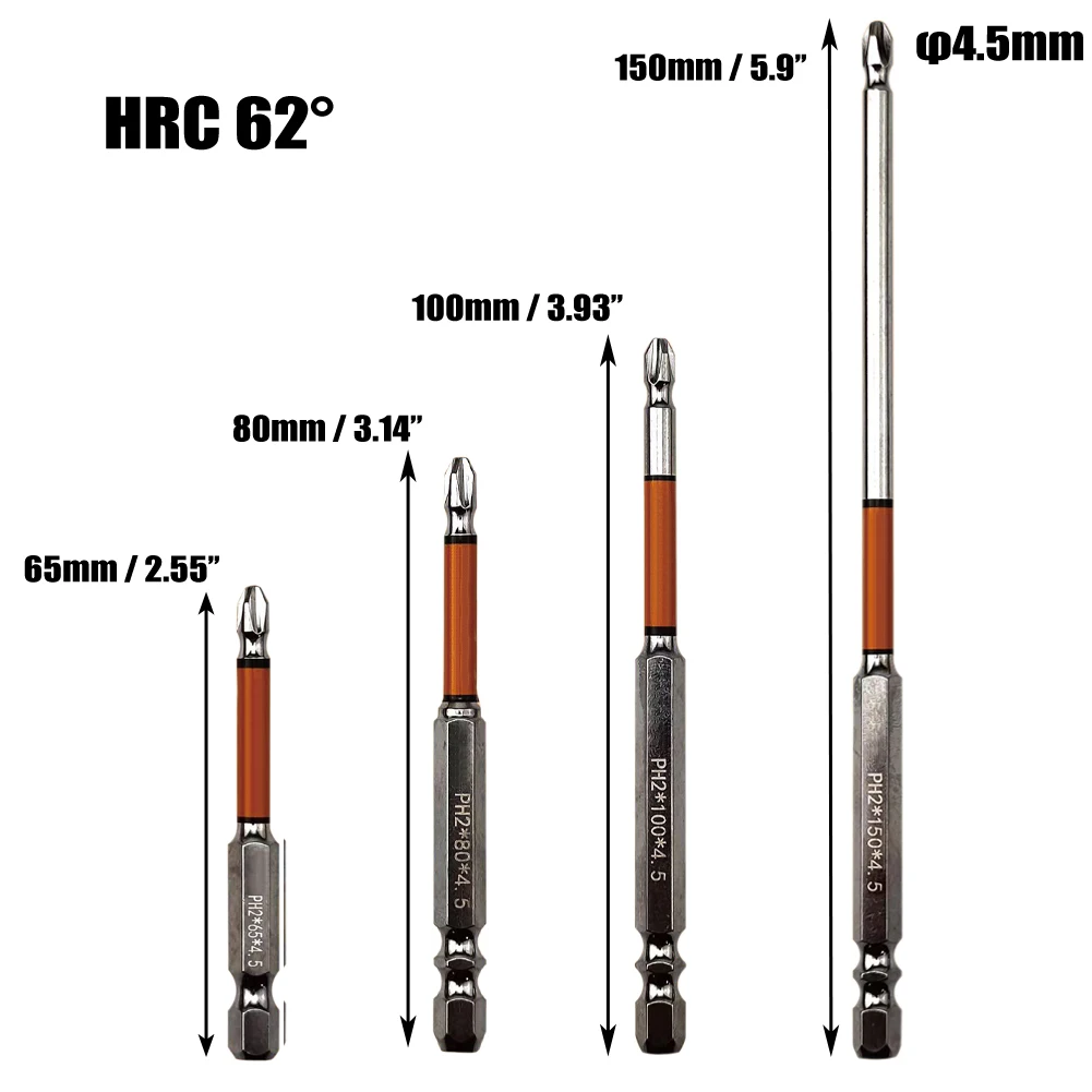 HRC62 Degree Magnetic Cross Screwdriver Bits PH2 Multipurpose Drill Bits 65-150mm Alloy Steel /4inch Hex Screwdriver Hand Tool