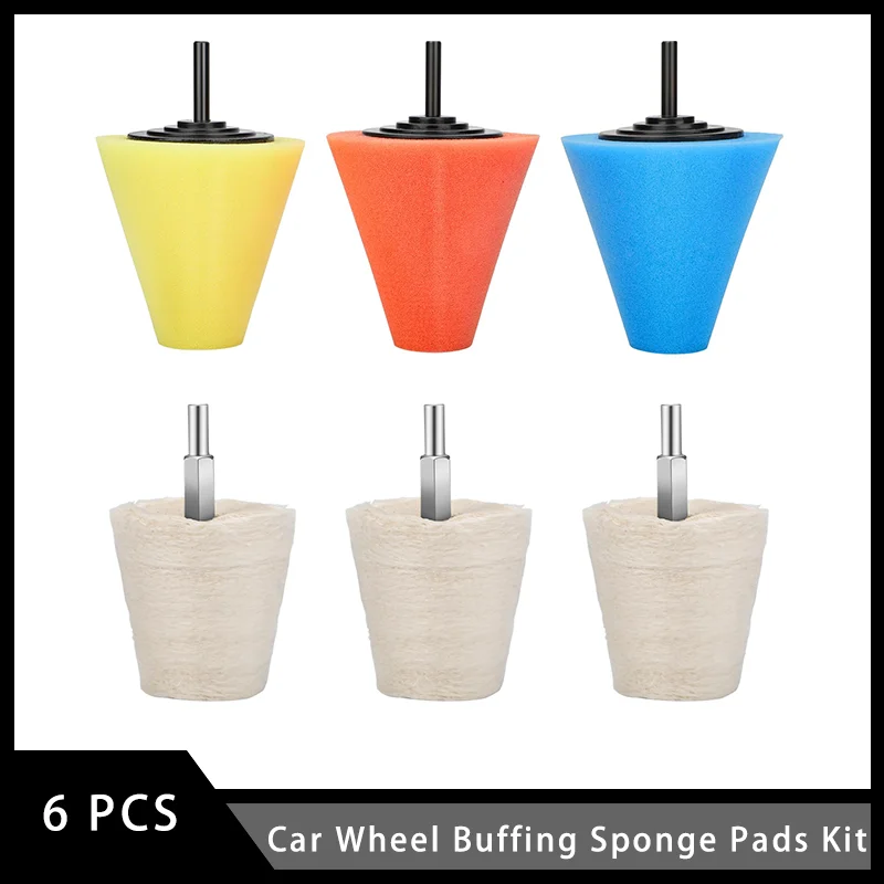 

6 PCS Car Wheel Buffing Sponge Pads Kit with 1/4" Shank Polishing Wheel Flannelette Pads for Automotive Metal Wood Glass