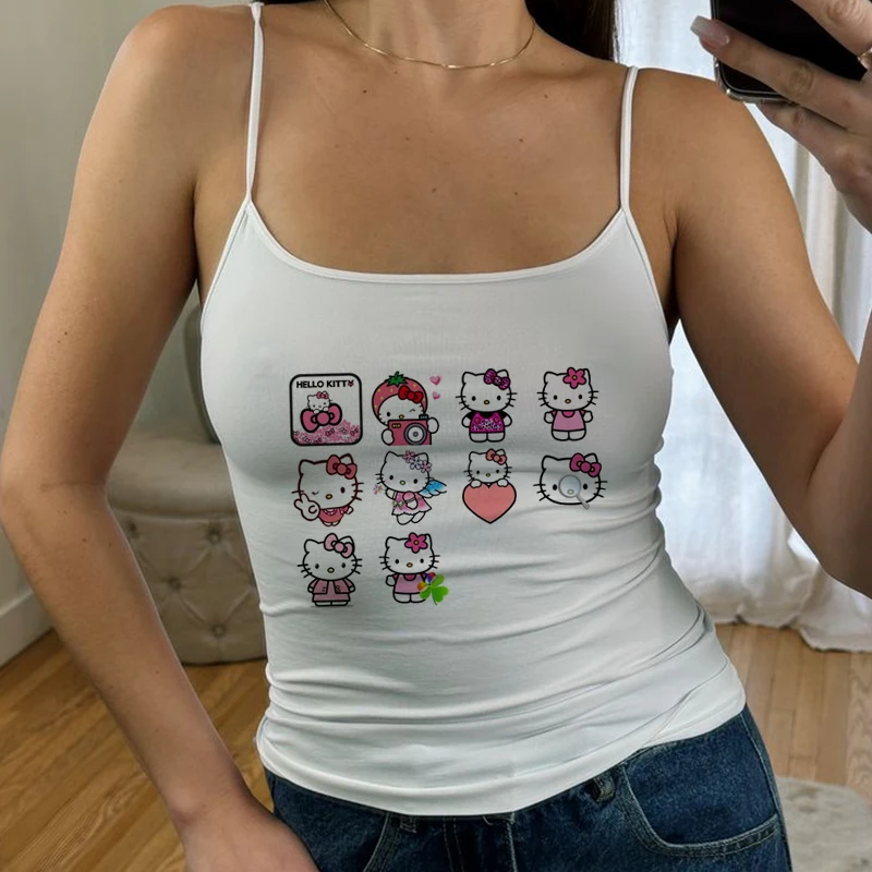 Punk Y2k Clothes Aesthetic Cute Sleeveless Camisole Top Sanrio Hello Kitty Print Grunge Crop Top E-girl Corset Tank Top Baby Tee