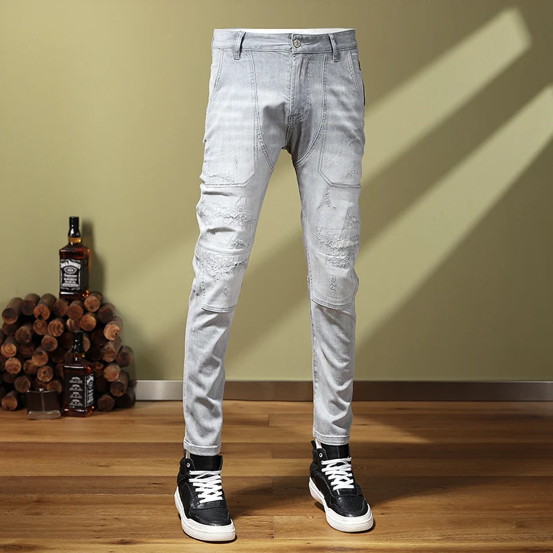 Street Fashion Men Jeans Retro Light Gray Elastic Stretch Skinny Fit Ripped Jeans Men Embroidery Patched Designer Hip Hop Pants