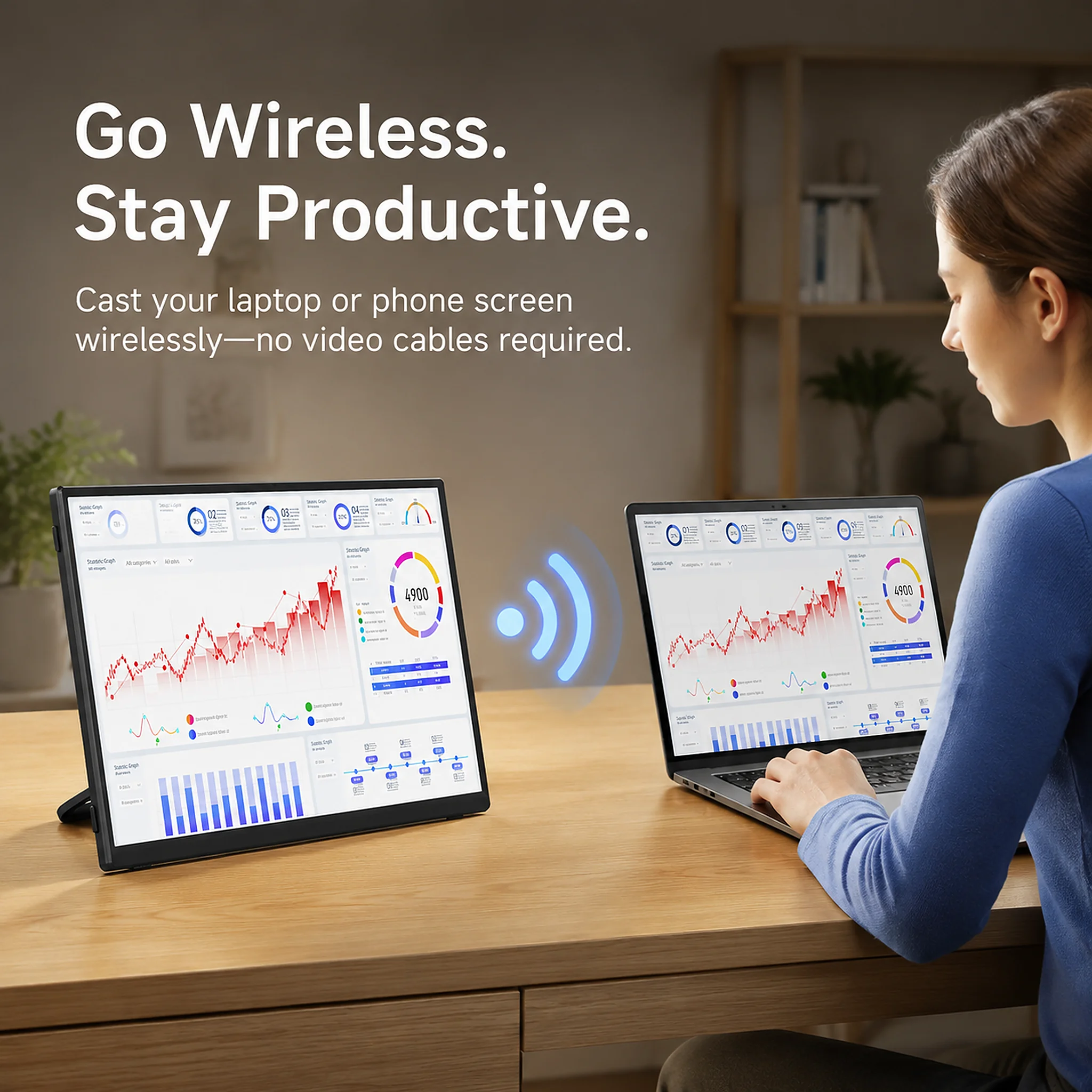 Wireless Portable Monitor 15.6'' Second Screen with 8000mAh Build-in Battery 1080P FHD External Monitor for macbook Windows