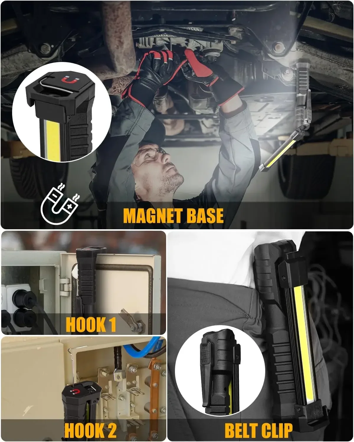 New COB Foldable Flashlight LED Work Light Hanging Hook 7 Modes Magnetic USB Rechargeable Torch Portable Working Flash Light