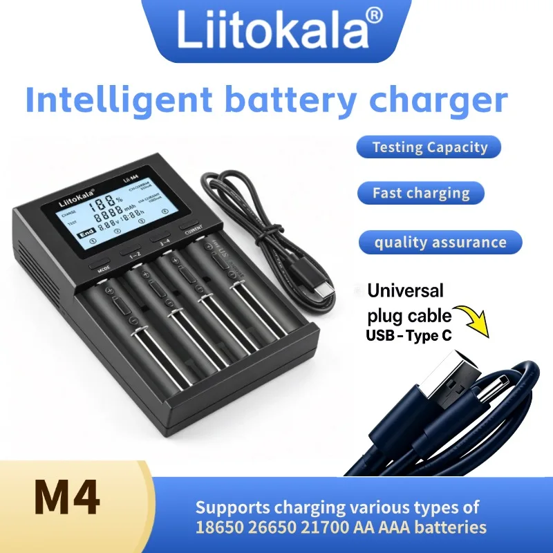 LiitoKala Lii-M4 Smart Battery Charger with LCD Display 4-Slot Universal for 18650 26650 21700 AA AAA 5V 2A Testing Capability
