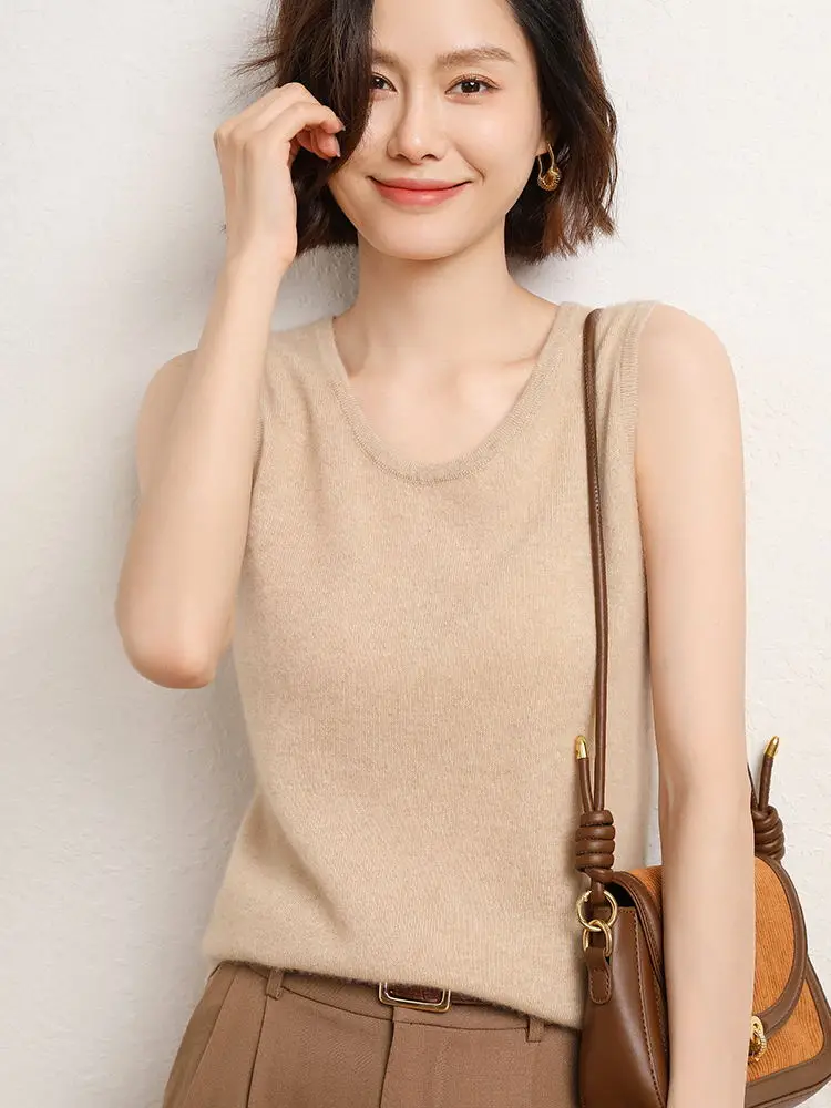 

Новый осенне-зимний модный женский трикотажный жилет из 100% чистой шерсти, базовая модель с круглым вырезом, белый, черный