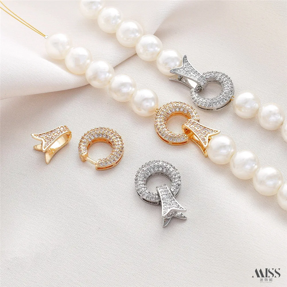 14K Gold Color-preserving Micro-inlaid Zircon Ring, Fish Tail Universal Buckle End Connection Buckle DIY Pearl Bracelet Necklace