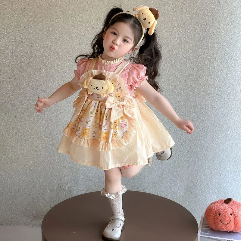 فستان صيفي PomPomPurin أنيمي Kawaii Sanrio Ins فستان قصير الأكمام للفتيات 2025 تنورة أميرات لطيفة للأطفال ملابس هدايا