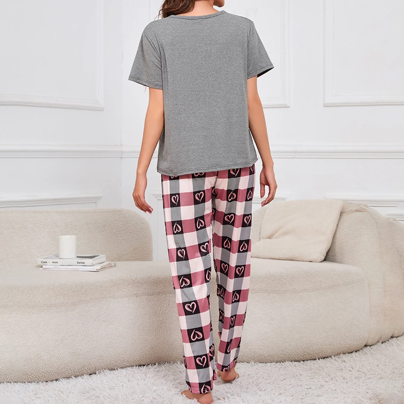 Autumn Women Heart Print Pajama Soft Comfort Nightwear & Loungewear Short Sleeve Top with Shorts & Long Pants Pajamas 3 Pieces