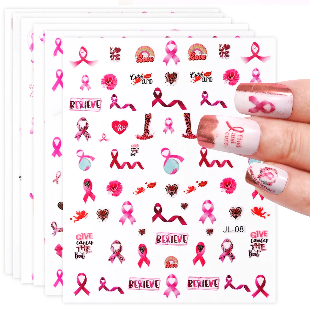 1pc Pink Ribbon Bow Nail Art Stickers Heart Breast Cancer Awareness Nail Design Stickers for Women Girls DIY Manicure Decoration