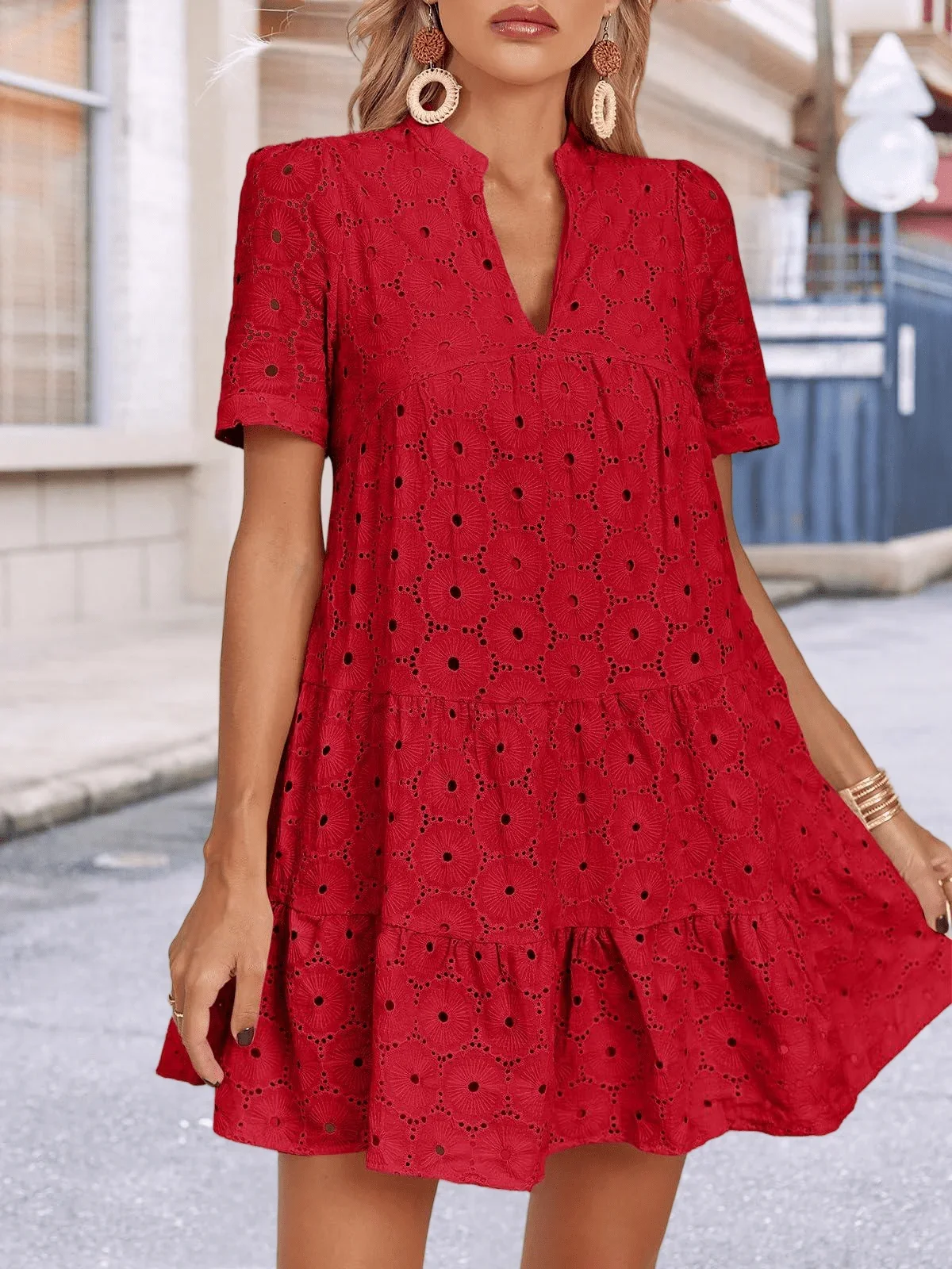

Womens Summer Eyelet Lace Dress V Neck Short Sleeve Flowy Swing Tunic