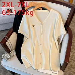 6XL 7XL Large Size Women Clothing Summer 2024 Ice Silk Knitted Tops Chubby Female Show Slim Short Sleeved T-shirt 100/150/175kg