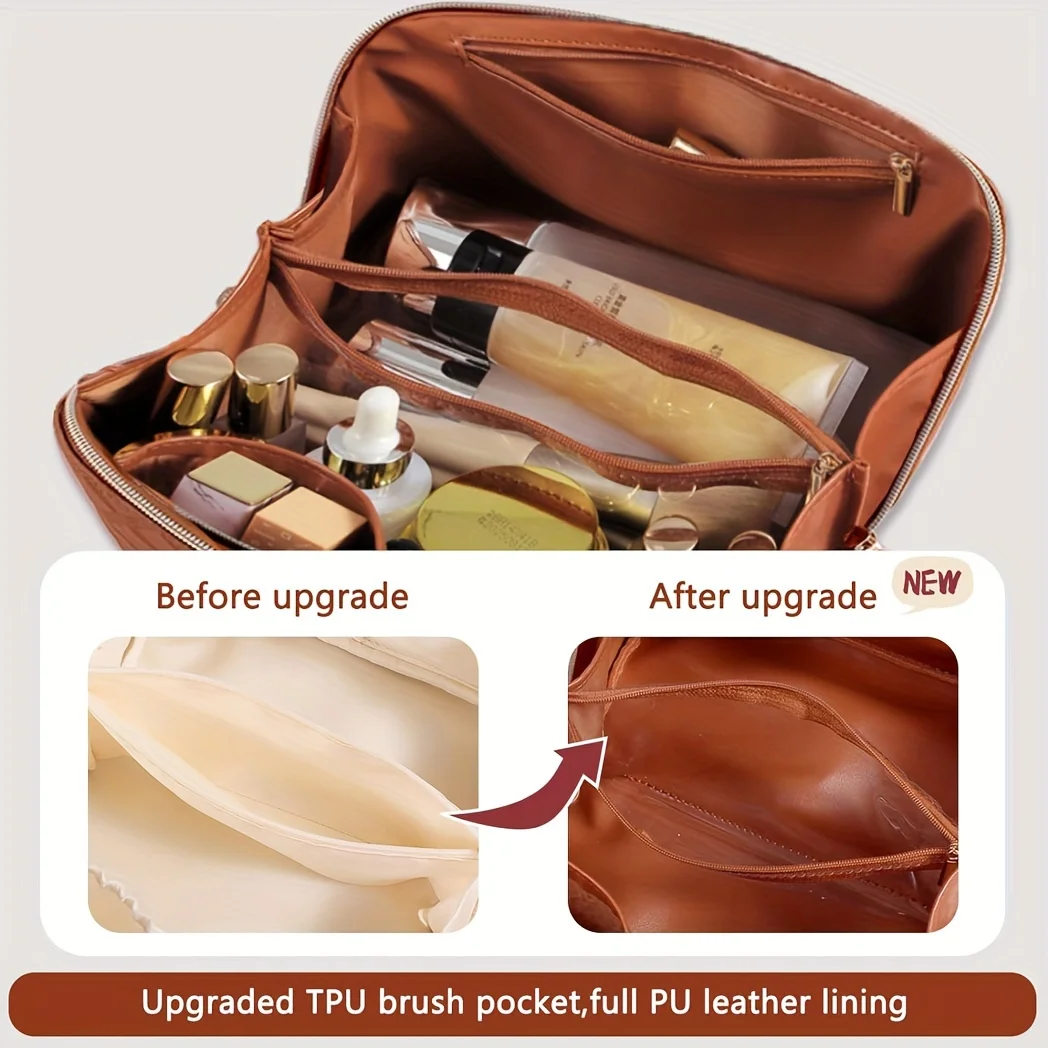 Travel Makeup Bag Large Opening Makeup Bag Portable Water Resistant Make Up Bags PU Leather Cosmetic Bag with Compartment