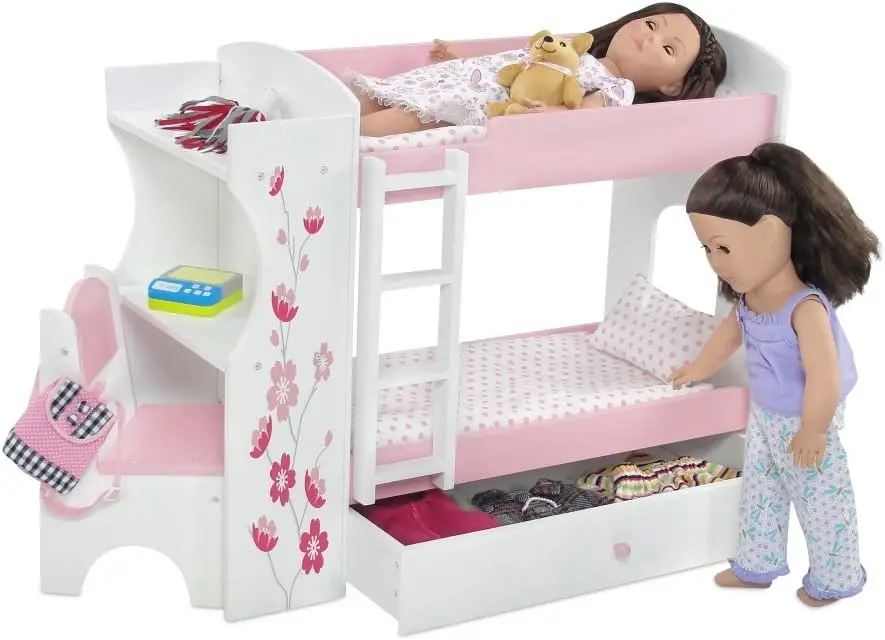 Doll Bedroom Bunk Bed for 18 Inch Dolls, with Large Clothes Storage Drawer, Desk, Chair, Bedding & Ladder, Furniture Organizer