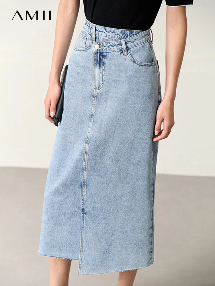 AMII Minimalism Denim Skirt Casual Distress New A-line Straight Cotton Long Skirts for Women Fashion 2023 Summer New 12342433