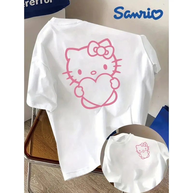 

Sanrio Official Hello Kitty Women's T-Shirt Cute White Top with Front and Back Prints Soft Crew Neck Sanrio Fun Pattern T-Shirt