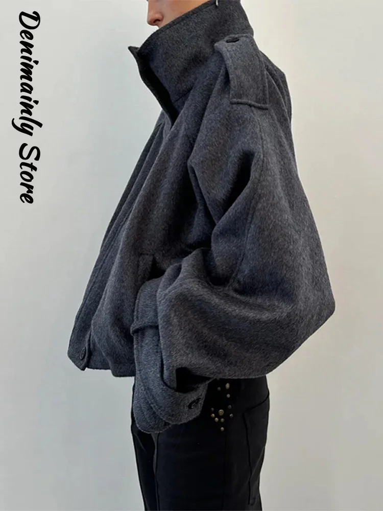 Fashion Short Woolen Coat Women Stand Collar Single-breast Full Sleeve Loose Pocket Jacket Female 2026 Autumn Solid Lady Outwear