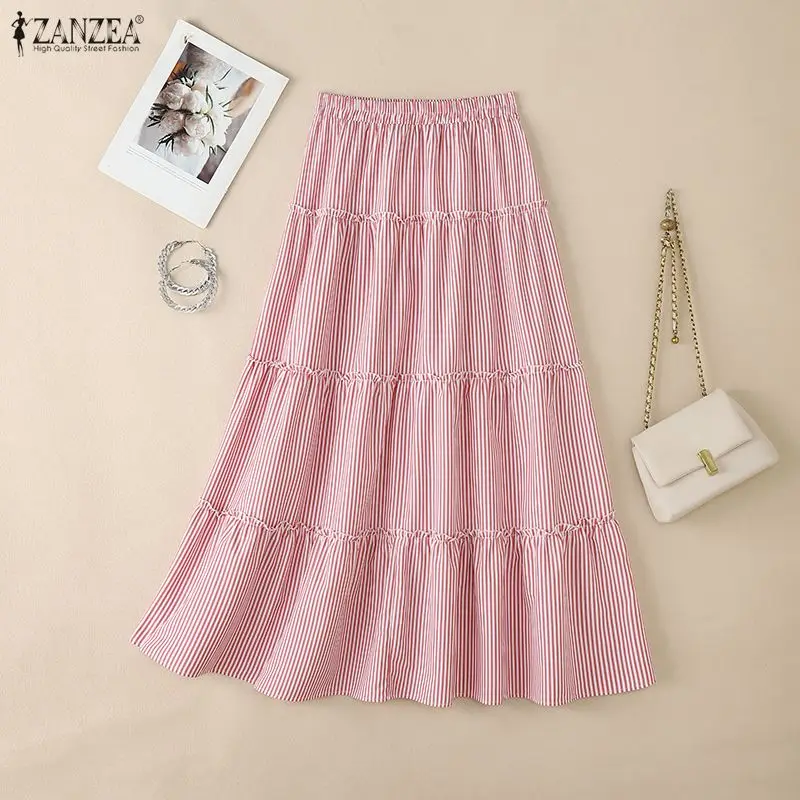 Women's Spring Summer Casual Striped Maxi Skirts Elastic Waist Ruffles Trim Tiered Long Skirt ZANZEA Korean Baggy Jupes Femme