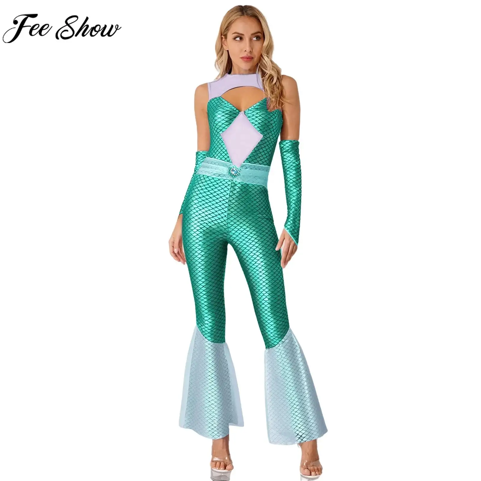 

Women Mermaid Princess Cosplay Costume Metallic Shiny Fish Scales Print Mesh Jumpsuit with Arm Sleeves for Halloween Theme Party