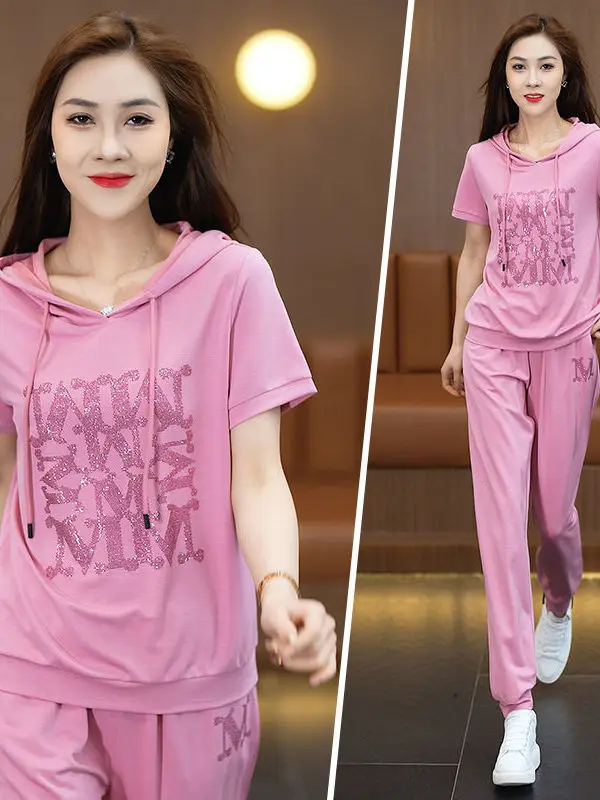 

plus Size Summer Women's Fashion Set with Hood Short Sleeve Loose Trousers Two-Piece Set Comfortable Korean Style Casual Outfit