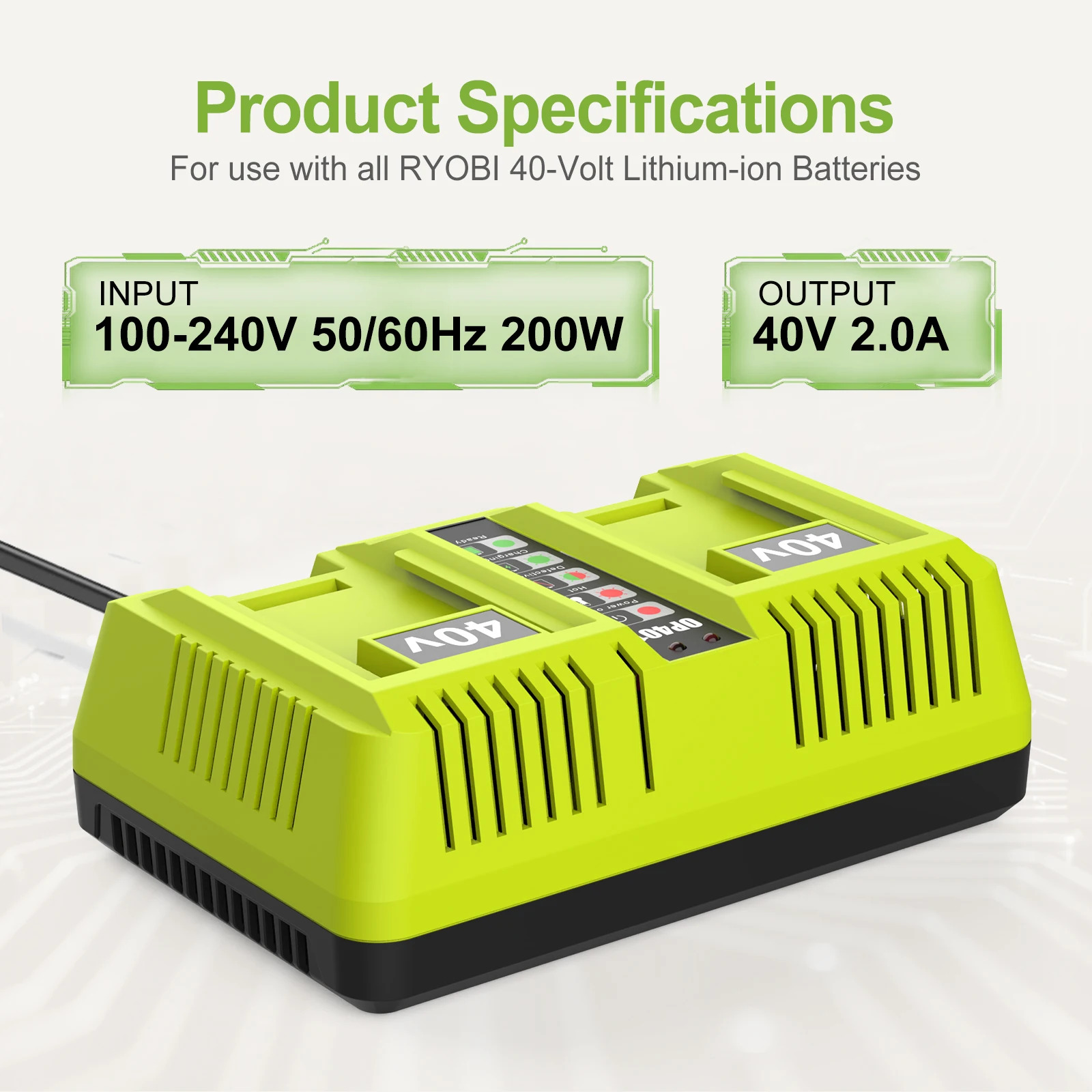 OP401 Dual Port Power Tool Battery Charger for Ryobi 40V  OP4060 Replacement Lithium Battery Charger OP4015 OP4026 OP4040 OP4050