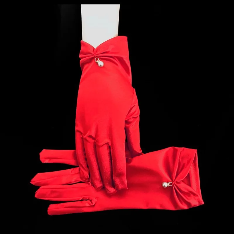 Weiße Satin-Hochzeitskleid-Handschuhe, kurz, elegant, Blütenblatt, Perlenschleife, Netzstoff, Brauthandschuhe, vielseitiges Foto-Accessoire, Perlen-Retro – Detail 7