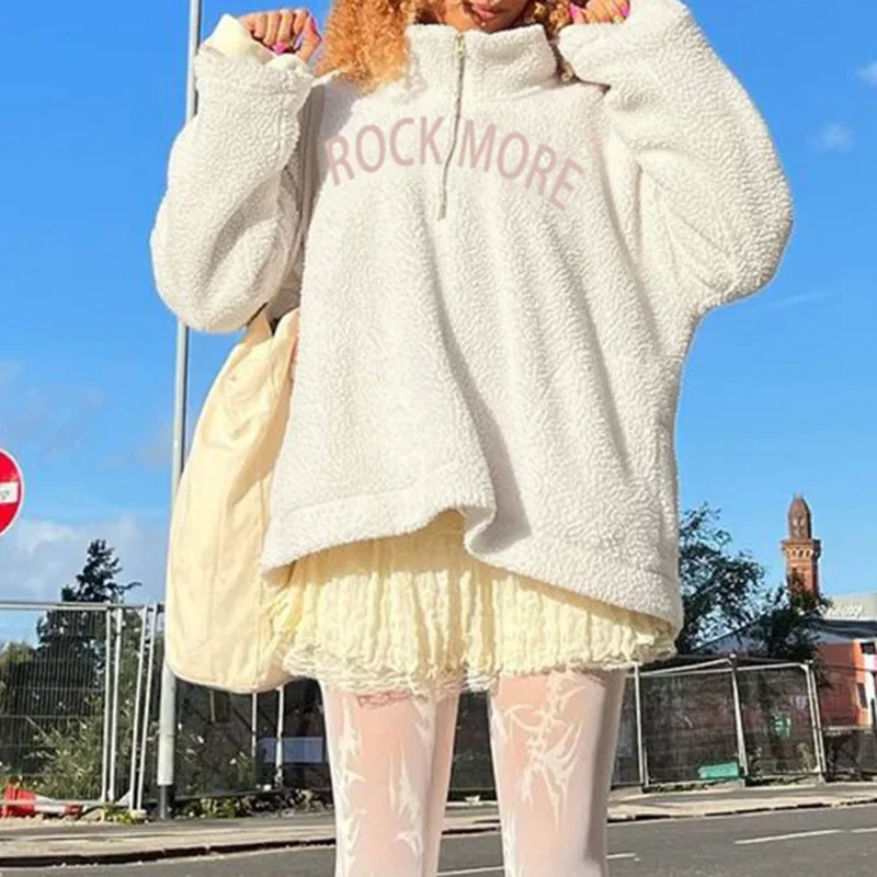 Sudaderas con capucha bordadas con letras blancas para mujer, jersey de manga larga, cuello alto de lana, Tops con cremallera, ropa de calle femenina, Invierno