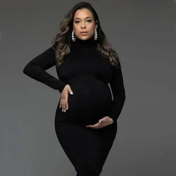 Black Skinny Dress Maternity Photography Prop High Neck Stretchy Baby Shower Clothes Full Sleeve Dresses Pregnant Photo Shoot