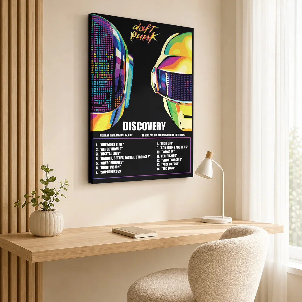 Daft Punk Discovery Album Framed Canvas Poster Customized Photo Geometric Color Blocking Wall Art For Music Studio Reception