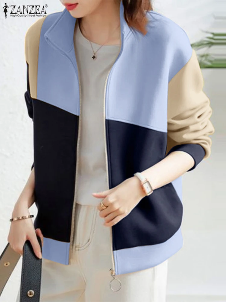 Autumn Sweatshirts Women Patchwork Zipper Coats 2024 ZANZEA Fashion Casual Long Sleeve Hoodies Spring Color Block Thin Outerwear