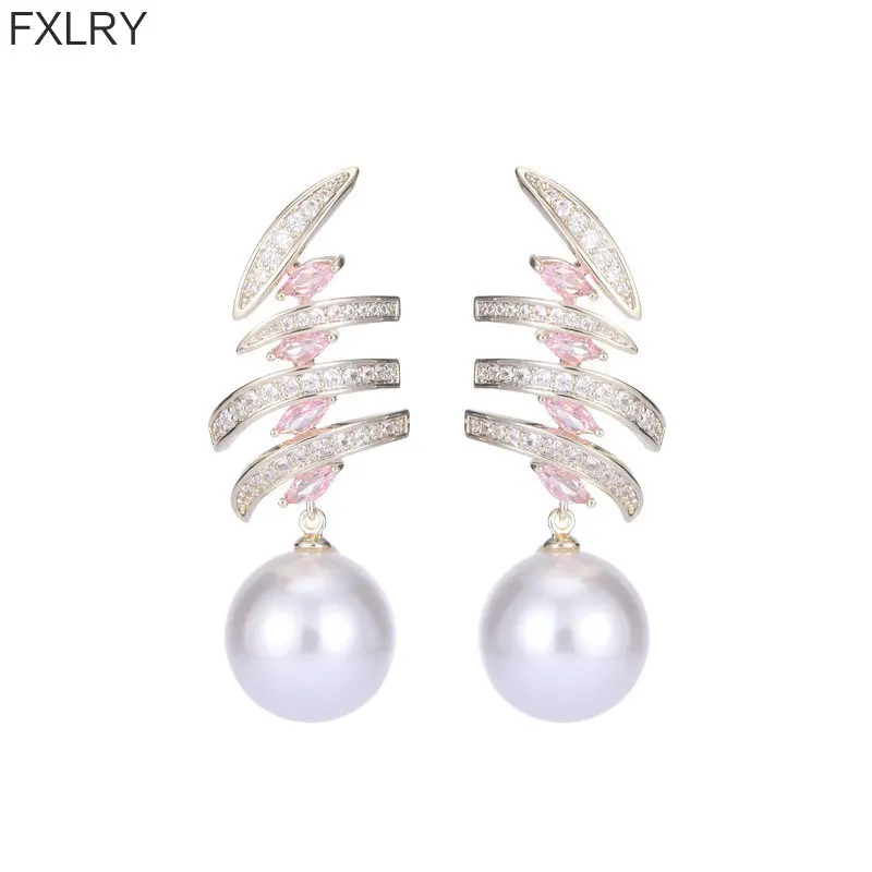 FXLRY New Fashion Zircon Inlay Design Sense Multi-layer Geometric Lines Pearl Earrings for Women