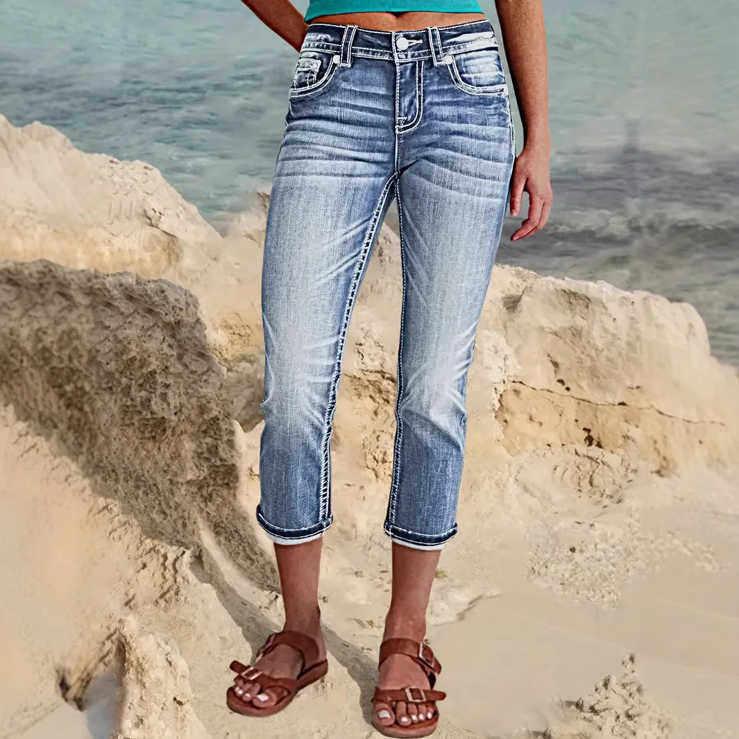 

Jean Jeans 2026 Spring Summer Pocket Hip Lifting Elastic Ripped Capri Pant Pants Denim Trousers For Women Casual Trend Wear