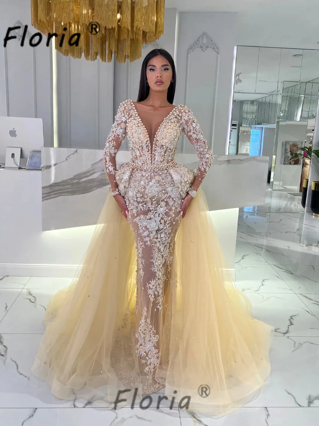 Elegant Champagne Tow Pcs Evening Dress with Overskirt Long Sleeve Peals Lace Wedding Formal Event Gowns robe de soirée New 2024