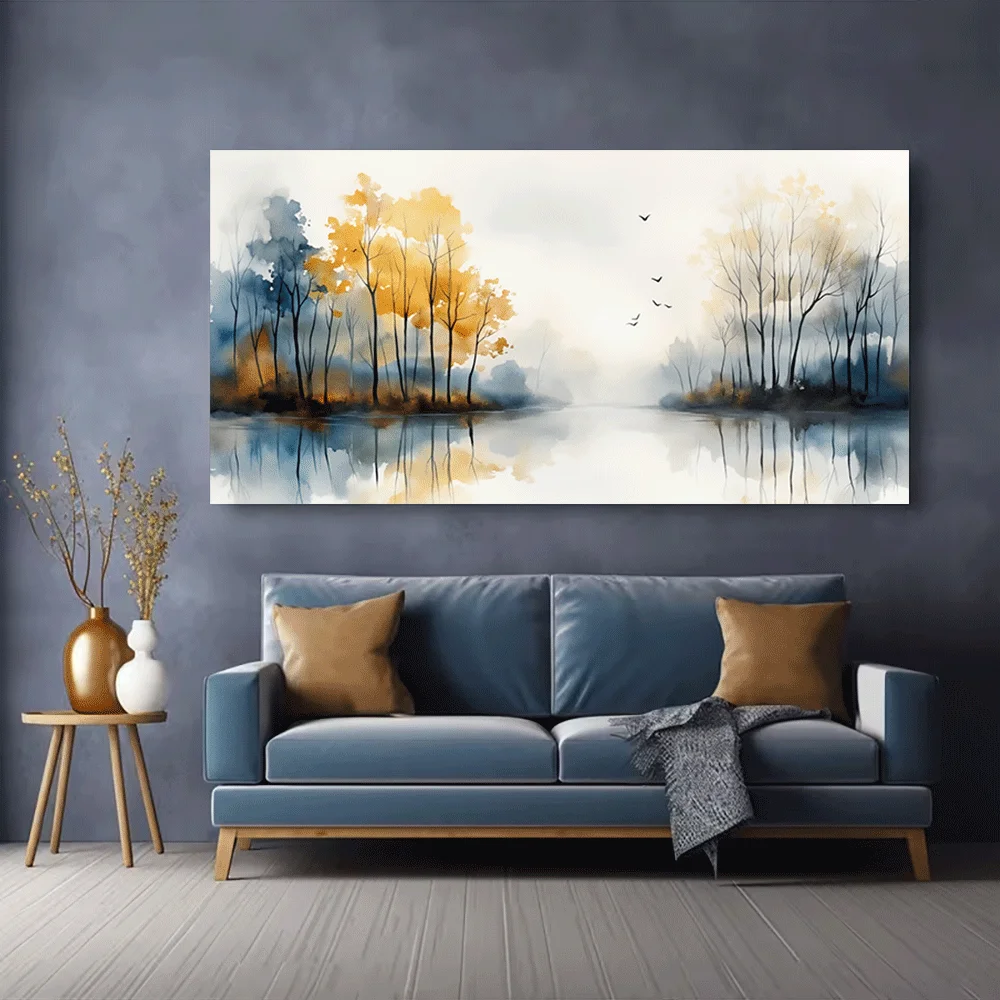 1pc frameless Canvas Painting 1PC-Canvas poster Unframed  Autumn Trees Lake Reflection Watercolor Landscape Art Print