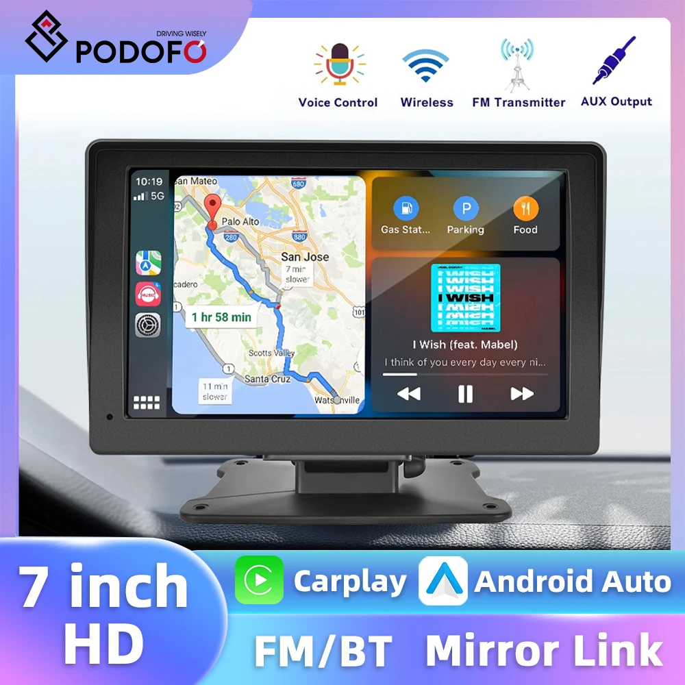 Podofo 7'' Smart Screen Player AirPlay Carplay Android Auto Voice Control Bluetooth Dashboard AUX Portable Car Monitor Car DVR